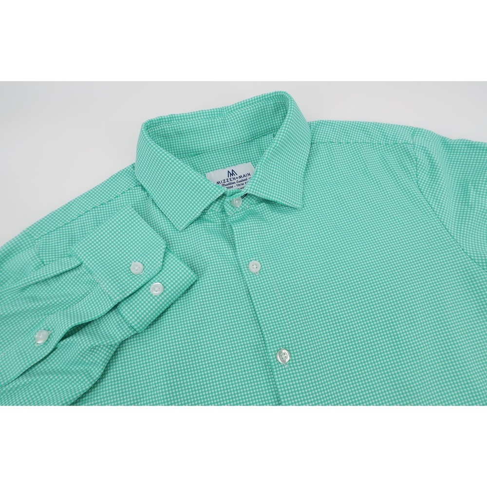 Mizzen Main Dress Shirt Mens Medium Green Gingham Trim Fit Performance Stretch